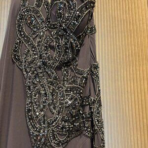 Jovani, S 12, one strap long jersey beaded dress with a long slit